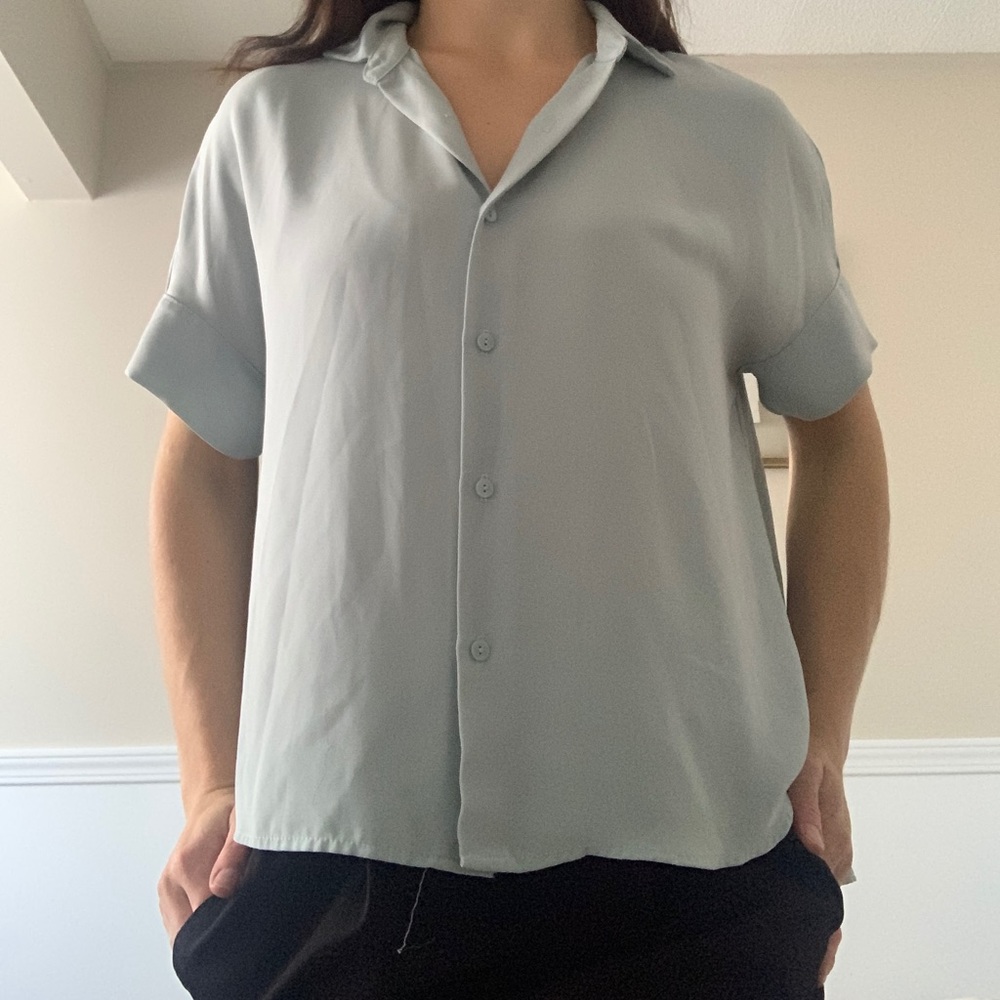 Light blue box cut button up